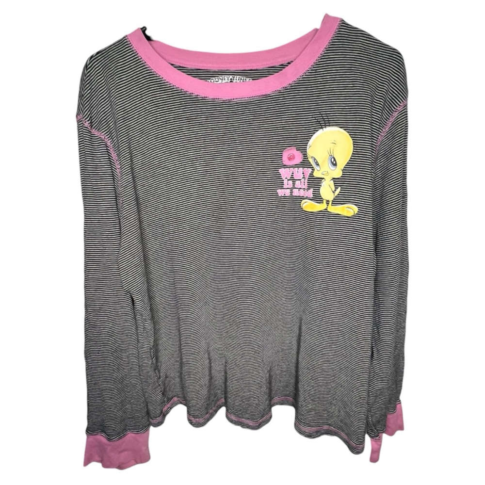 Looney Toons Black And Pink Tweety Bird Graphic Striped Long Sleeve Sleep Shirt